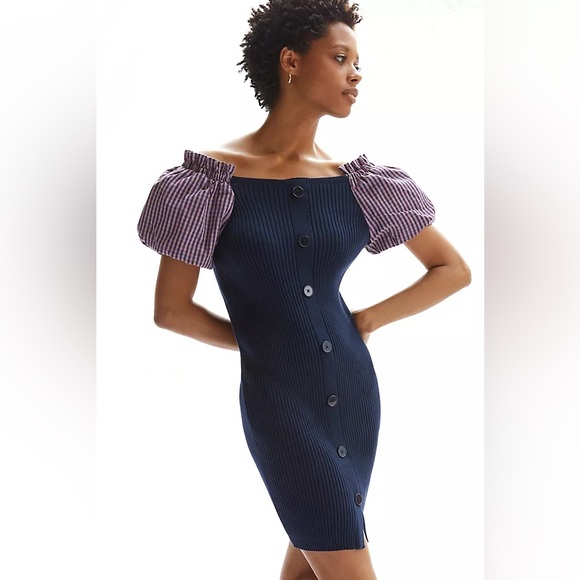 Anthropologie Dresses & Skirts - Anthropologie Maeve Puff-Sleeved Navy Blue and Striped Button Front Mini Dress